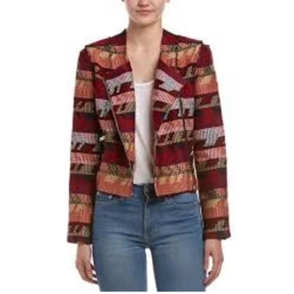 Maje Paris Red Multi Woven Tapestry Vanda Jacquard Moto Jacket NWT Size 40/Large